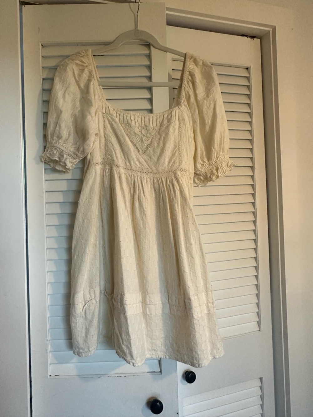 Urban Outfitters Puff Sleeve Embroidered Tie Back Cream Color Baby Doll Dress